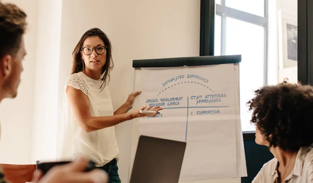 Woman at flipchart explaining Crisis Development Model
